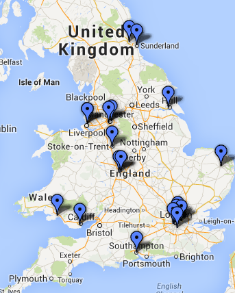 Premier League 2013-14 clubs' location